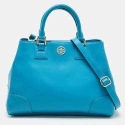Pre Owned Tory Burch Teal Blue Saffiano Leather Robinson Tote