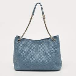 Pre Owned Tory Burch Blue Quilted Leather Marion Tote
