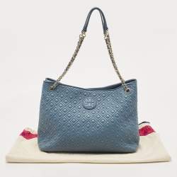 Pre Owned Tory Burch Blue Quilted Leather Marion Tote
