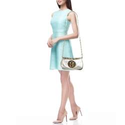 Pre Owned Tory Burch Gold Laminated Leather Reva Logo Crossbody Bag