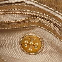 Pre Owned Tory Burch Gold Laminated Leather Reva Logo Crossbody Bag