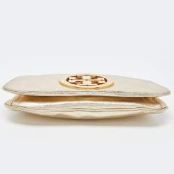 Pre Owned Tory Burch Gold Laminated Leather Reva Logo Crossbody Bag