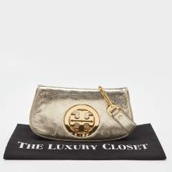 Pre Owned Tory Burch Gold Laminated Leather Reva Logo Crossbody Bag