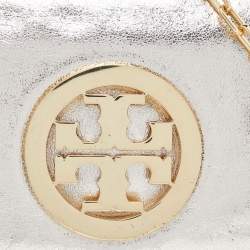 Pre Owned Tory Burch Gold Laminated Leather Reva Logo Crossbody Bag