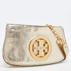 Pre Owned Tory Burch Gold Laminated Leather Reva Logo Crossbody Bag