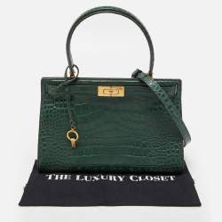 Pre Owned Tory Burch Green Croc Embossed Leather Lee Radziwill Top Handle Bag