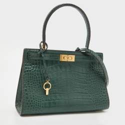 Pre Owned Tory Burch Green Croc Embossed Leather Lee Radziwill Top Handle Bag
