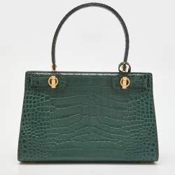 Pre Owned Tory Burch Green Croc Embossed Leather Lee Radziwill Top Handle Bag