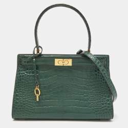 Pre Owned Tory Burch Green Croc Embossed Leather Lee Radziwill Top Handle Bag
