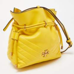 Pre Owned Tory Burch Yellow Chevron Leather Kira Bucket Crossbody Bag