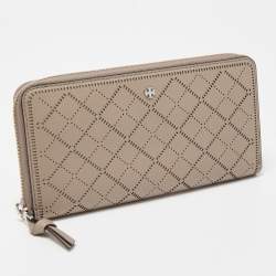 Tory Burch Beige Diamond Laser Cut Leather Zip Around Wallet