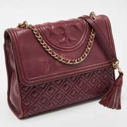 Pre Owned Tory Burch Burgundy Leather Large Fleming Shoulder Bag