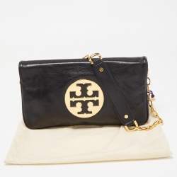 Pre Owned Tory Burch Black Glossy Leather Reva Chain Clutch