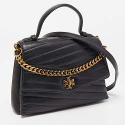 Pre Owned Tory Burch Black Chevron Leather Kira Top Handle Satchel