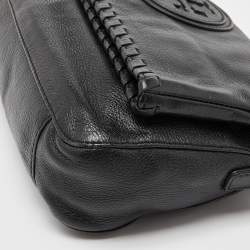 Pre Owned Tory Burch Black Leather Whipstitch Fold Over Crossbody Bag