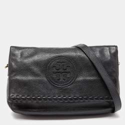 Pre Owned Tory Burch Black Leather Whipstitch Fold Over Crossbody Bag