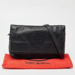 Pre Owned Tory Burch Black Leather Whipstitch Fold Over Crossbody Bag