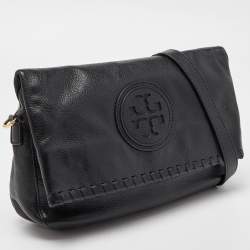 Pre Owned Tory Burch Black Leather Whipstitch Fold Over Crossbody Bag