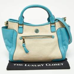 Pre Owned Tory Burch Beige/Blue Canvas and Leather Double Pocket Bag