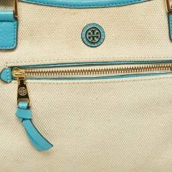 Pre Owned Tory Burch Beige/Blue Canvas and Leather Double Pocket Bag
