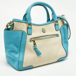 Pre Owned Tory Burch Beige/Blue Canvas and Leather Double Pocket Bag