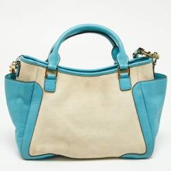 Pre Owned Tory Burch Beige/Blue Canvas and Leather Double Pocket Bag