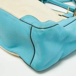 Pre Owned Tory Burch Beige/Blue Canvas and Leather Double Pocket Bag