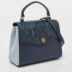 Tory Burch Blue Python Effect and Leather Robinson Flap Top Handle Bag