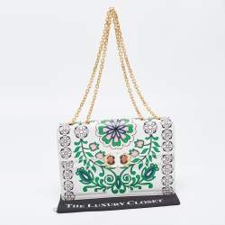 Pre Owned Tory Burch White Floral Print Leather Parker Chain Shoulder Bag