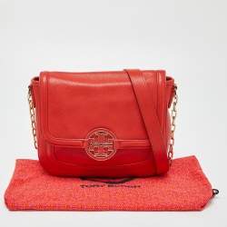Pre Owned Tory Burch Orange Leather Amanda Round Crossbody Bag