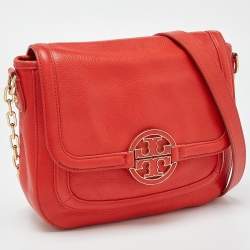 Pre Owned Tory Burch Orange Leather Amanda Round Crossbody Bag