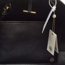 Pre Owned Tory Burch Black Leather Block-T Shopper Tote 