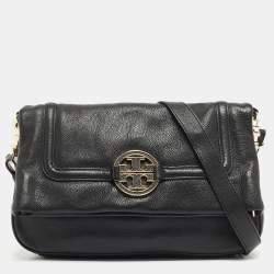 Pre Owned Tory Burch Black Leather Amanda Foldover Crossbody Bag