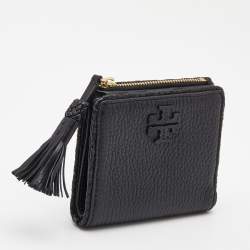 Pre Owned Tory Burch Black Leather Tassel Zip Bifold Wallet