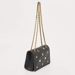 Pre Owned Tory Burch Black Leather Small Farida Fleming Charm Shoulder Bag