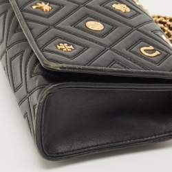 Pre Owned Tory Burch Black Leather Small Farida Fleming Charm Shoulder Bag