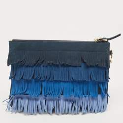 Pre Owned Tory Burch Multi Tone Blue Nubuck Fringe Wristlet Pouch