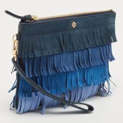 Pre Owned Tory Burch Multi Tone Blue Nubuck Fringe Wristlet Pouch