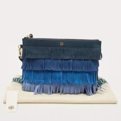 Pre Owned Tory Burch Multi Tone Blue Nubuck Fringe Wristlet Pouch