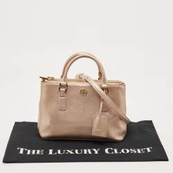 Pre Owned Tory Burch Rose Gold Patent Leather Small Robinson Double Zip Tote