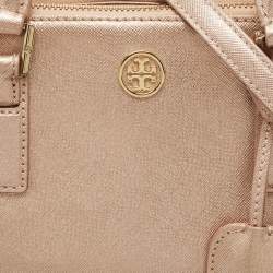 Pre Owned Tory Burch Rose Gold Patent Leather Small Robinson Double Zip Tote