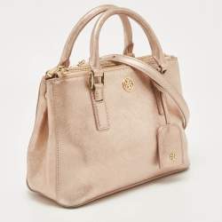 Pre Owned Tory Burch Rose Gold Patent Leather Small Robinson Double Zip Tote