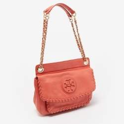 Pre Owned Tory Burch Peach Leather Marion Shoulder Bag