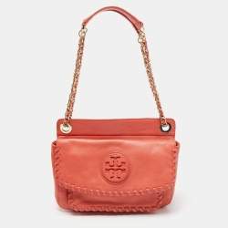 Pre Owned Tory Burch Peach Leather Marion Shoulder Bag