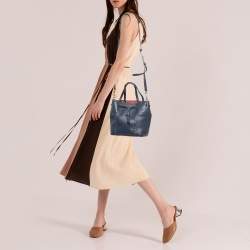 Tory Burch Dark Blue Brogue Leather Mini Block-T Bucket Bag