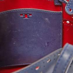 Tory Burch Dark Blue Brogue Leather Mini Block-T Bucket Bag