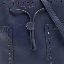 Tory Burch Dark Blue Brogue Leather Mini Block-T Bucket Bag