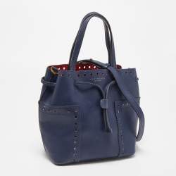 Tory Burch Dark Blue Brogue Leather Mini Block-T Bucket Bag