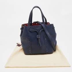Tory Burch Dark Blue Brogue Leather Mini Block-T Bucket Bag