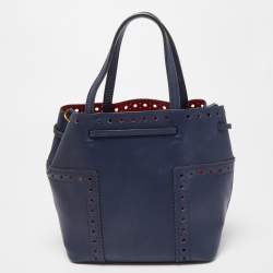 Tory Burch Dark Blue Brogue Leather Mini Block-T Bucket Bag